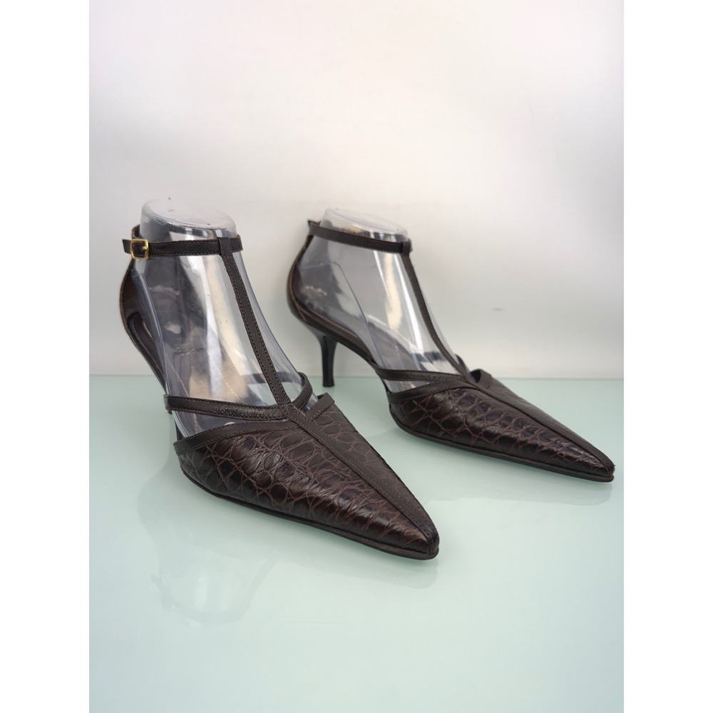 Lauren Ralph Lauren Brown Croc Embossed T Strap Kitten Heels Pointed Toe 8.5 y2k - Picture 2 of 11